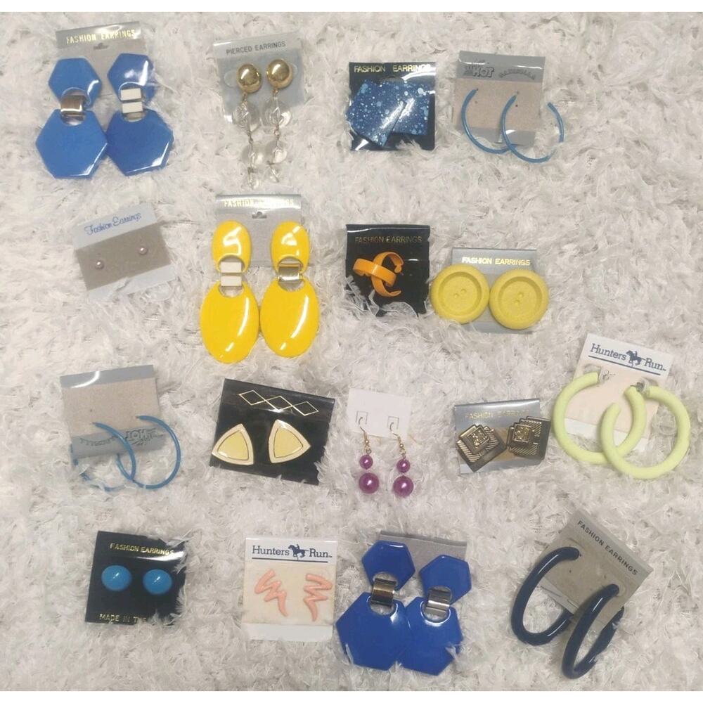 17 VTG Navy Blue Hoop Earrings 80s 90s Deadstock NWT Retro Minimalist Statement